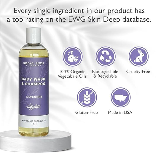 SoCal Suds & Company Organic Baby Shampoo and Body Wash - 2-in-1 Castile Soap, Hypoallergenic, Sensitive Skin, Natural Soap, Toddler Shampoo, Infant, Newborn, Kids Body Wash - 12oz Lavender