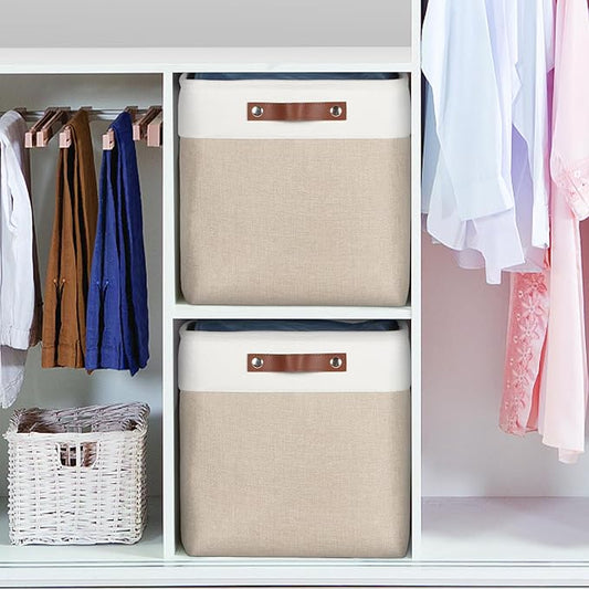 Univivi 4 PC 13 Inch Cube Storage Baskets with Hard Bottom for Shelves Foldable Storage Baskets for Closet Storage Clothes,Cube Storage Bin, Storage Basket with Handles for Organizing (Khaki)