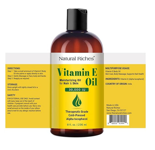 Natural Riches Vitamin E Oil | 100% Pure and Natural Cold Pressed Vitamin E oil for Skin, Scars, Face, Nails, Hair, Scalp 30,000 IU Non-GMO Verified Hair & Body Oil :8 Fl Oz