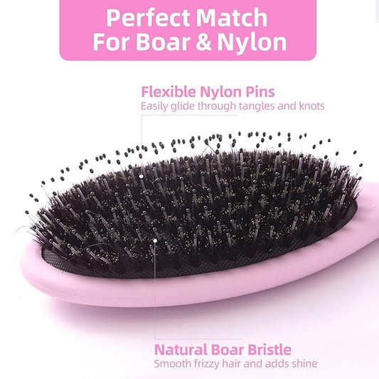 Boar Bristles Hair Brush for Women and Men, Detangling Hair Brush for Smoothing Massage Add Shine, Nylon&Boar Bristles Detangler brush for Hair Healthy (Pink&White)