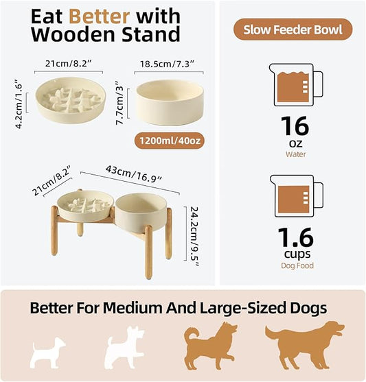 Ceramic Raised Slow Feeder Dog Bowl Set, Elevated 7.3inch Bowl and 8.2inch Slow Pet Food Dish with Wooden Stand for Medium and Large Dog (2 x Beige+ Stand)