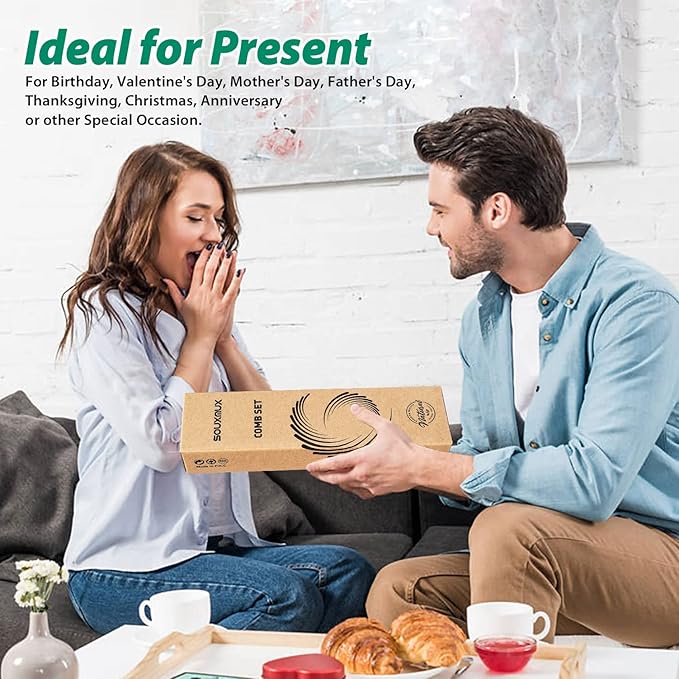 5 Pcs Natural Handmade Bamboo Anti-Static Combs Set - Wide Tooth, Rat Tail and Fine Tooth for Long, Short, Thick, Thin, Wavy or Curly Hair Detangling (Natural)