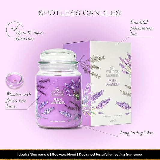 Vanilla & Lavender Candle 22oz Glass Jar with Wooden Wick in a Decorated Jar Within a Presentation Gift Box and Protective Shipping Box