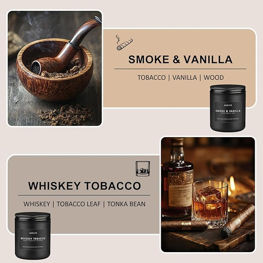 2 Pack Candle | Smoke & Vanilla + Whiskey Tobacco - Candles for Men - Masculine Candle, Soy Candles for Home Scented - Gifts for Men, Home Fragrance Manly Gifts - Each of 7oz