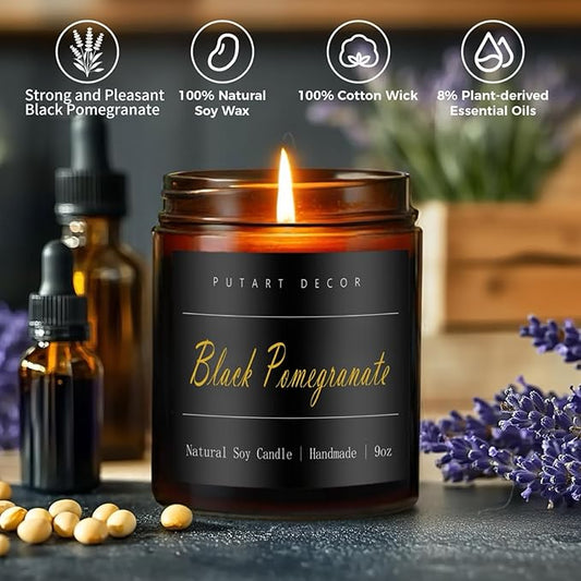 Black Pomegranate Candles for Home Scented,Natural Non Toxic Soy Aromatherapy Candle Gifts for Women & Men, Strong Fragranced & Long Lasting Brown Glass Jar Candles with Essential Oils (9oz)