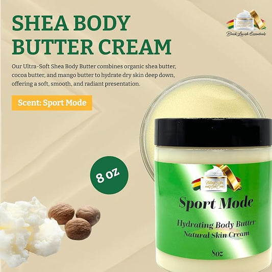 Ultra-Soft Shea Body Butter, Dry Skin Cream for Radiant Moisturized Skin, Natural Hydrating Body Lotion with Aloe Vera, Argan Oil, Rosehip Oil, (Sport Mode, 8oz)