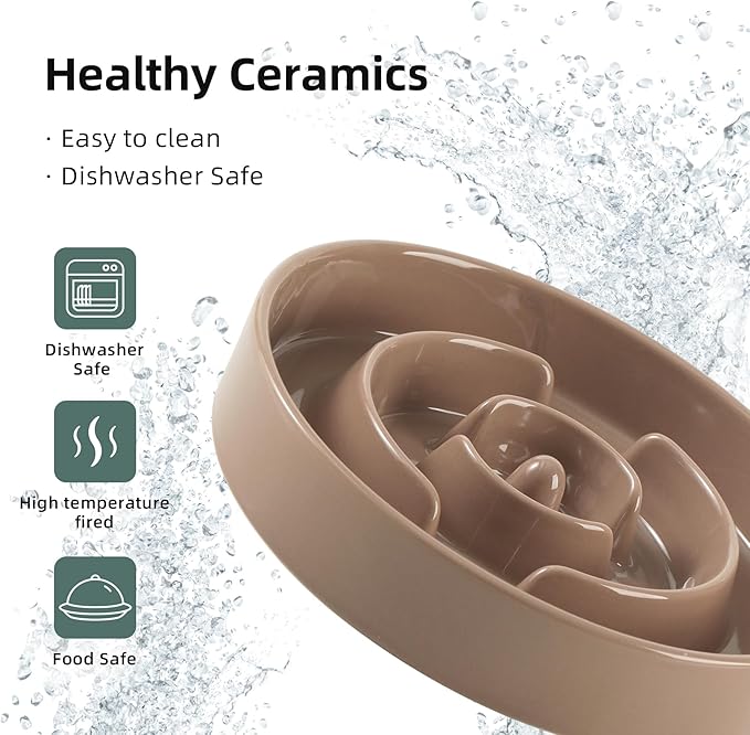 Ceramic 3.2 Cup Raised Slow Feeder Dog Bowl Set, Elevated Bowl with Wooden Stand for Large Dog, 9.5inch Puzzle Slow Pet Food Dish, Anti-Gulping(Brown Coffee, Single Bowl+ Stand)