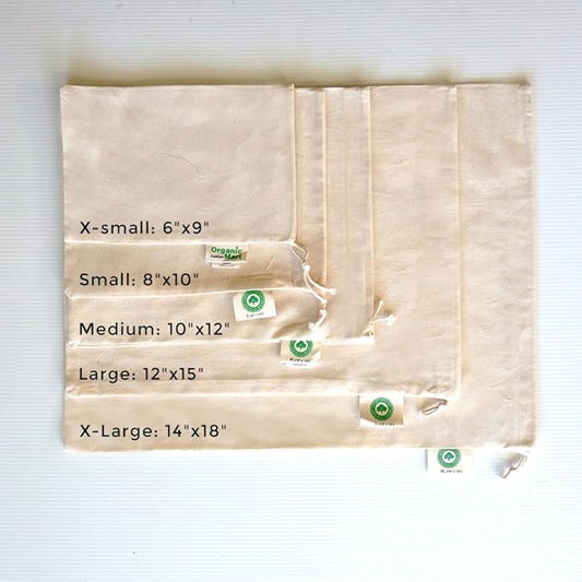 Reusable Produce Bags Cotton Washable - Organic Cotton Vegetable Bags - Cloth Bag with Drawstring - Muslin Fabric Produce Bags - Bread Bag - Set of 6 (2 Large, 2 Medium, 2 Small)