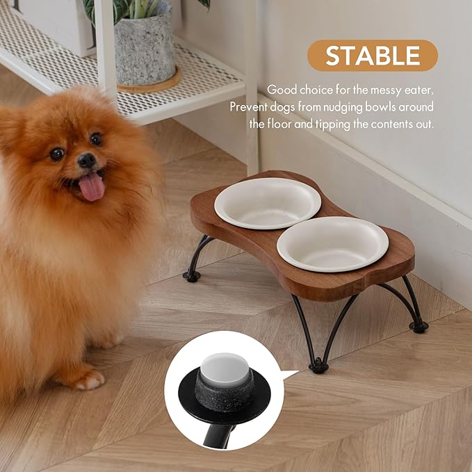 Ceramic 5.5-inch Raised Double-Bowl Set with Non-Slip Stand, 1 Cup Food or 9.5oz Water Dishes for Puppies and Cats, Wide Opening with Rounded Edges(Matt White)