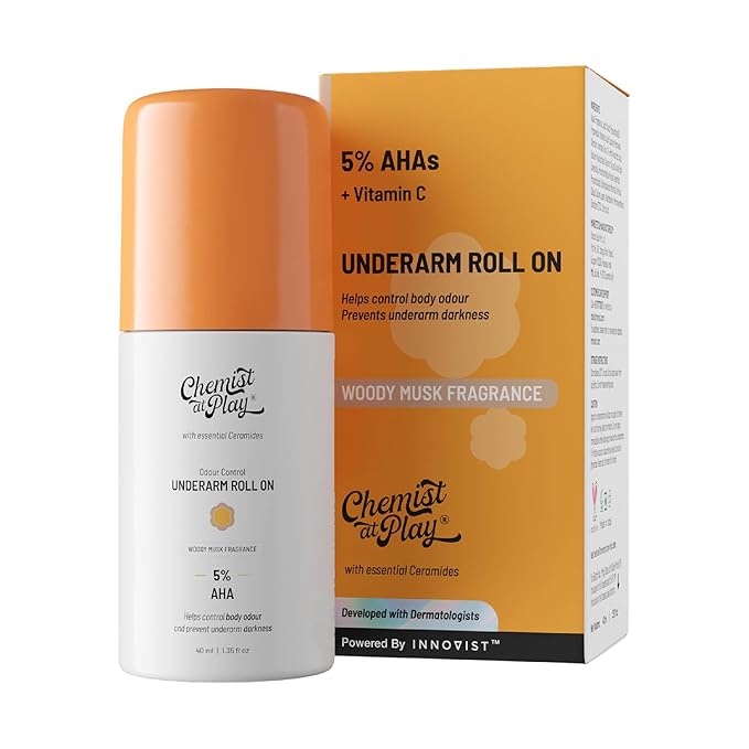 Chemist at Play UnderArm Roll-On with 5% AHA|Lactic & Mandelic Acid|Prevents Odour, Brightens Skin & Exfoliates Underarm|For Sensitive Skin |Woody Musk Fragrance |Alcohol & Aluminium Free | 1.35 fl oz