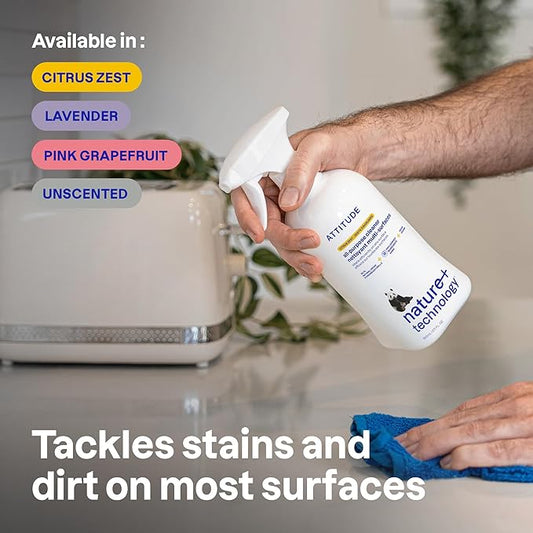 ATTITUDE All Purpose Cleaner Spray, EWG Verified, Vegan, Made with 94% Plant-Based Ingredients, Streak-Free for Kitchen, Bathroom, Glass & More, Unscented, 27.1 Fl Oz (Pack of 3)