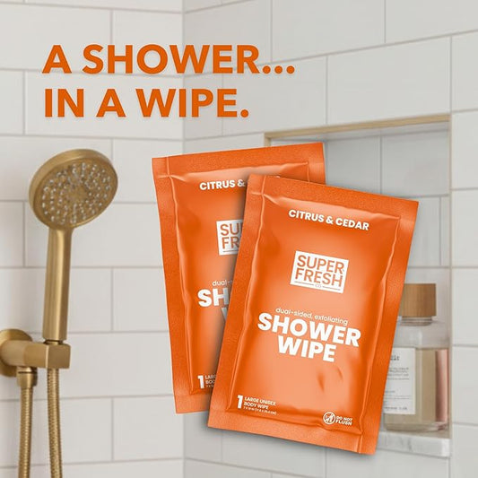 Super Fresh Shower Wipes Large Citrus & Cedar Body Wipes for No Rinse Bathing Personal Hygiene Gym Travel or Camping Enriched with Aloe and Vitamin E 10 Individually Wrapped Disposable Sheets