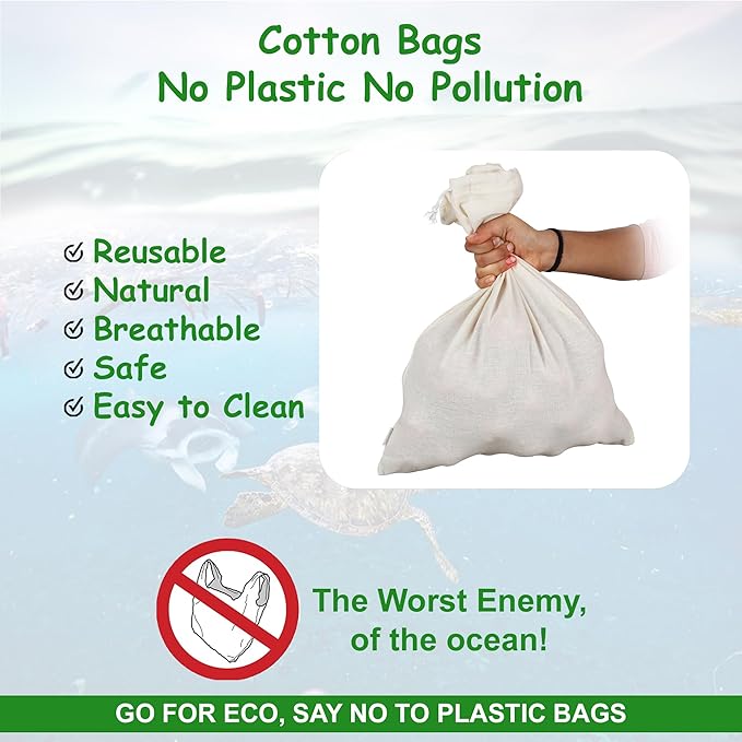 Reusable Cotton Storage Produce Bags With Drawstrings Set of 8 Mixed (S,M,L,XL), Muslin Bags - For Bulk Food Storage, Vegetable, fruit, Food, Snack, Footwear, Toys Storage Bag