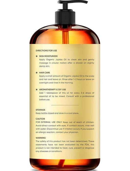 Brooklyn Botany Cold-Pressed Organic Jojoba Oil | for Skin, Hair and Face | 16 Fl Oz | 100% Pure and Natural | Carrier Oil for Essential Oils, Aromatherapy and Massage | Hexane Free