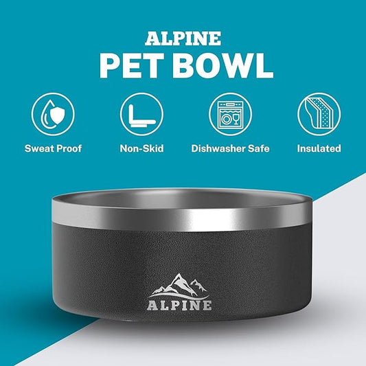 ALPINE Set of 2 Stainless Steel Dog Bowls, Non Slip, Metal Pet Bowl for Food and Water, Double Walled Insulated, Rustproof, Dishwasher Safe (64 oz, Black/White)