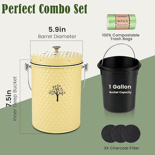 AOSION Countertop Compost Bin Kitchen,Odor Resistant Indoor Compost Bin with Lid and Compost Bags,Compost Bucket Composter Container for Food Waste,Yellow