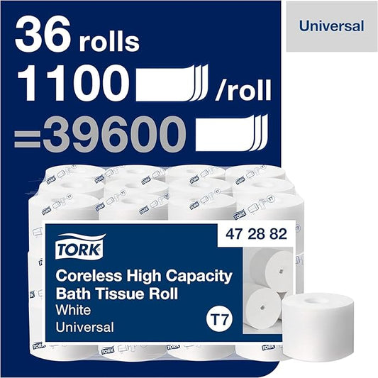 Tork Coreless High-Capacity Toilet Paper Roll White T7, Universal, 2-ply, 36 x 1100 sheets, 472882