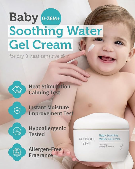 GOONGBE Baby Soothing Water Gel Cream - Korean Baby Cooling & Moisturizing Relief for Baby's Sensitive Skin - Dermatologically Tested - Quick Soothing for Face and Body, 3.38 fl.oz.