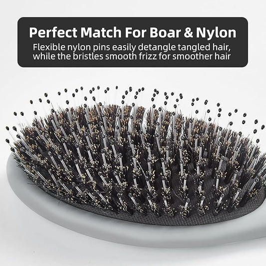 Boar Bristles Hair Brush for Women and Men, Detangling Hair Brush for Smoothing Massage Add Shine, Nylon&Boar Bristles Detangler brush for Hair Healthy (1 Pack-Grey)
