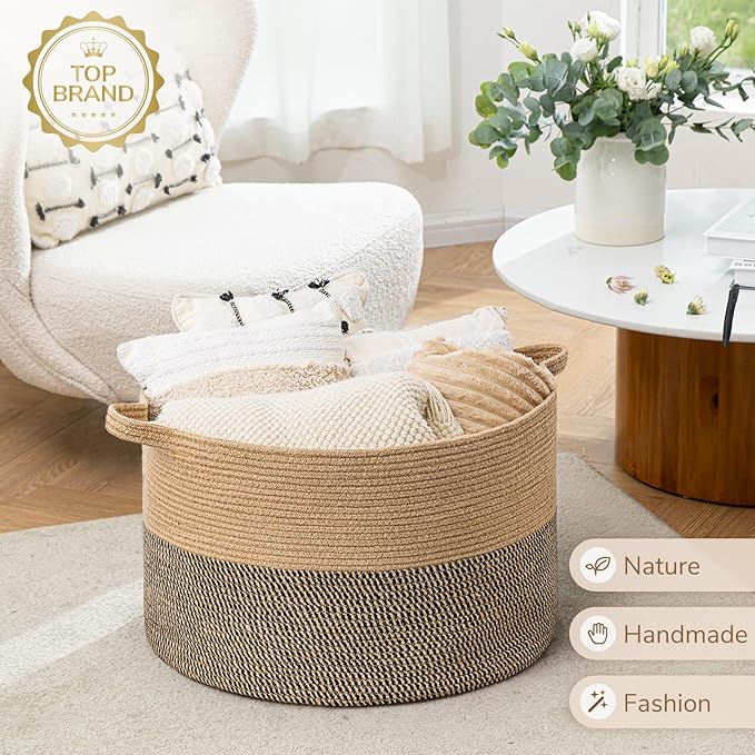 INDRESSME Extra Large Woven Baskets for Storage, 21.7 x 13.8 Blanket Basket Living Room Wicker Storage Basket for Organizing Woven Laundry Baskets for Toy Pillow Shoe, Entryway, Black Jute