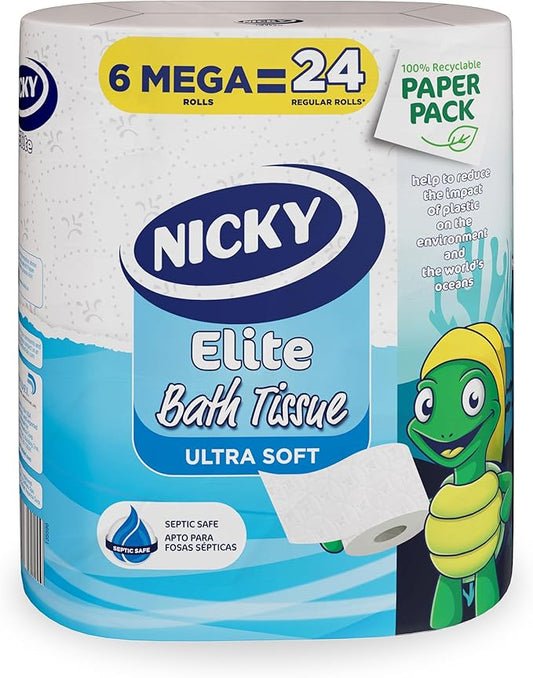 Nicky Elite Toilet Paper with Recyclable Paper Packaging, 36 Ultra Soft Mega Rolls = 144 regular rolls