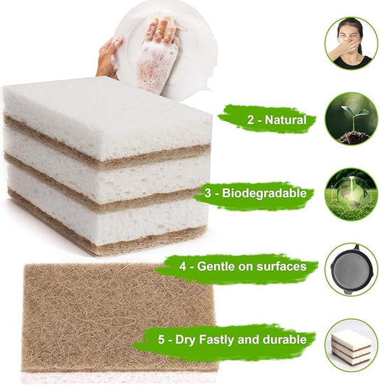 Natural Dish Sponges 16 Pack - Biodegradable Sponge Kitchen Compostable Cellulose Coconut Scrubber - No Scratch Cleaning Sponges