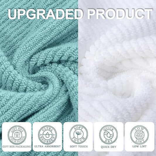 VOOVA & MOVAS Towels for Bathroom - 100% Cotton | Soft | Quick Dry | Thick, Towel Set of 6, 2 Large Bath 30"x56",2 Hand 18"x28", 2 Washcloths 13"x13", Bathroom Essentials, Aqua Teal and White
