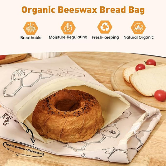 Tirphy Reusable Bread Bags for Homemade Bread- XL Cotton Beeswax Bags with Bowl Cover - SourdoughBread Storage to Keep Fresh 2 Pack
