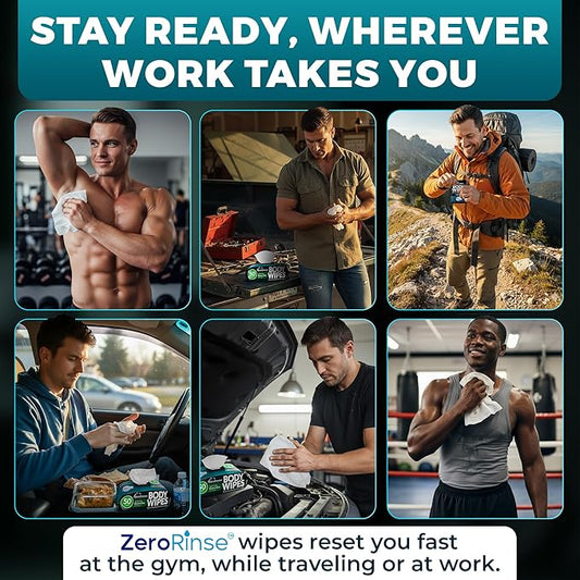 After Gym Body Wipes for Men (4pk) - 200 XL No Rinse Shower Wipes + 16 Travel Bath Sheets - 9"x12" - Mens Deodorant Disposable Washcloths for Bathing, Camping Essentials, Survival Gear and Supplies