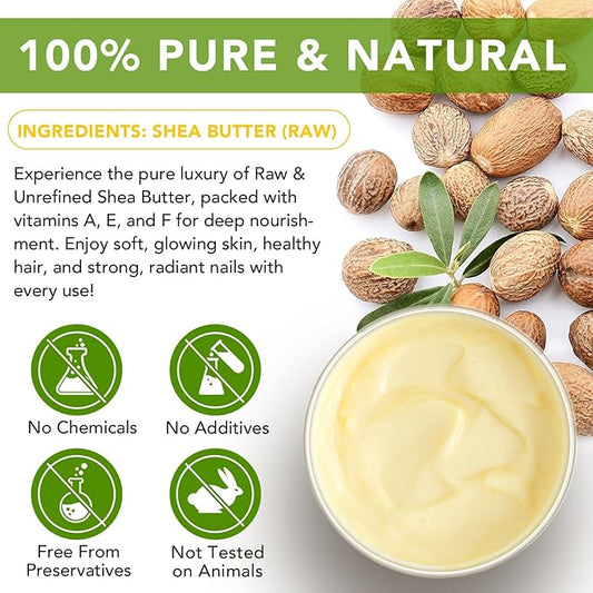 Pure Organic Shea Butter Raw, Unrefined Body & Face Butter - 100% Natural Vitamin A, E & F - Long-Lasting Hydration for Dry Skin, Hair Care, 7.8 oz