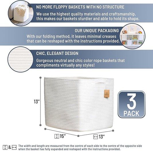 NaturalCozy 13x15x13 Kallax Storage Cubes, 3 Pack | Cotton Rope Cube Storage Bins Woven Baskets for Organizing | Kallax Insert Baskets for Shelves Organizer, Kids Toy, Pantry, Closet, Baby Nursery