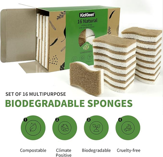 16 Pack Biodegradable Natural Kitchen Sponge - Compostable Cellulose and Coconut Walnut Scrubber Sponge - Eco Friendly Sustainable Sponges for Dishes