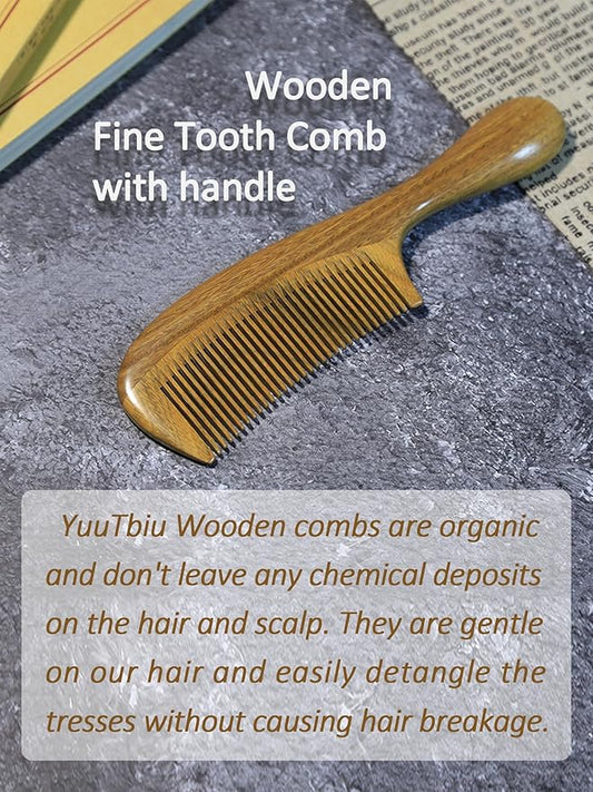 Sharp Fine Tooth Green Sandalwood Comb with Handle - Wooden Thin Hair Detangler Brush for Smoothing & Precision Hair Styling (Anti-Static & Durable)