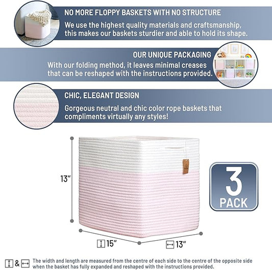 NaturalCozy 13x15x13 Kallax Storage Cubes, 3 Pack | Cotton Rope Cube Storage Bins Woven Baskets for Organizing | Kallax Insert Baskets for Shelves Organizer, Kids Toy, Pantry, Closet, Baby Nursery