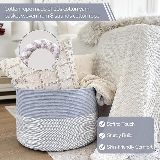 INDRESSME Large Rope Baskets - Organizing Storage, 21.7 x 13.8 Inch, Living Room, Kids, Decorative Nursery, Laundry, Towel, Gift Basket, Blue