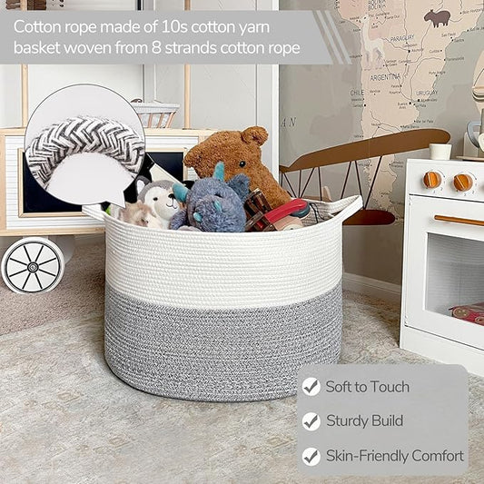 INDRESSME Large Storage Basket, 21.7'' x 13.8'' Cotton Rope Blanket Basket Living Room, Toy Organizers and Storage with Handles for Kids, Laundry Baskets for Clothes, Towel, 90L Grey