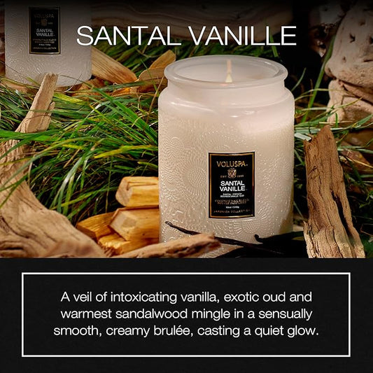 Voluspa Santal Vanille, Large Candle Jar, 18 oz, 100 Hour Burn Time, Coconut Wax for Clean Burning, Handcrafted in the USA