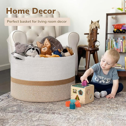 INDRESSME XXXLarge Cotton Rope Basket 21.7" x 21.7" x 13.8" Woven Baby laundry Blanket Basket for Home Decor Living Room Nursery, Toy Storage Baskets for Kids Boys Girls, White & Camel Mix