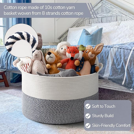 INDRESSME XXXLarge Cotton Rope Basket 21.7" x 21.7" x 13.8" Woven Baby Laundry Baskets Blanket Basket Toy Baskets with Handle Storage Comforter Cushions Navy Laundry Hamper