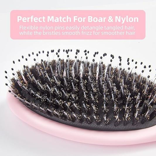 Boar Bristles Hair Brush for Women and Men, Detangling Hair Brush for Smoothing Massage Add Shine, Nylon&Boar Bristles Detangler brush for Hair Healthy (1 Pack-Pink)