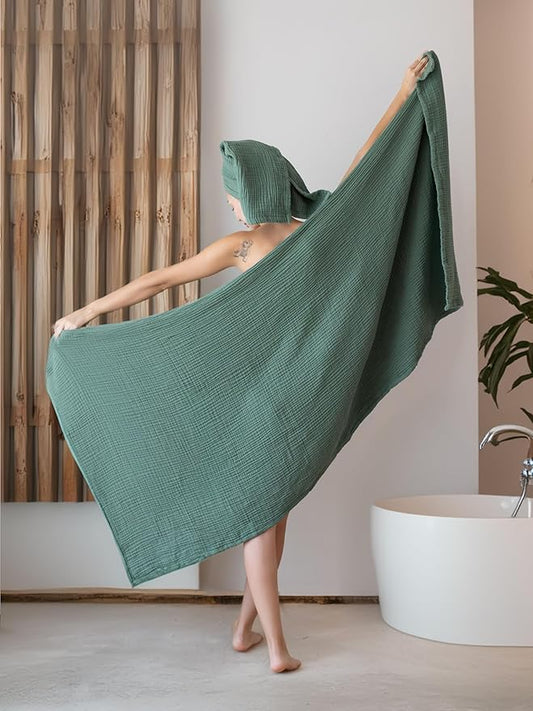 4 Pieces Muslin Towel Set for Bathroom, Luxury 100% Turkish Cotton Thin Soft Quick-Dry Lint-Free Large Size Bath Hand Towel Sets (Green, 2 Bath & 2 Hand Towel Set)