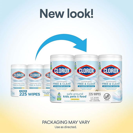 Clorox Free & Clear Cleaning Wipes, Light Lemon Scent, 75 Count, Pack of 3 (Pack May Vary)