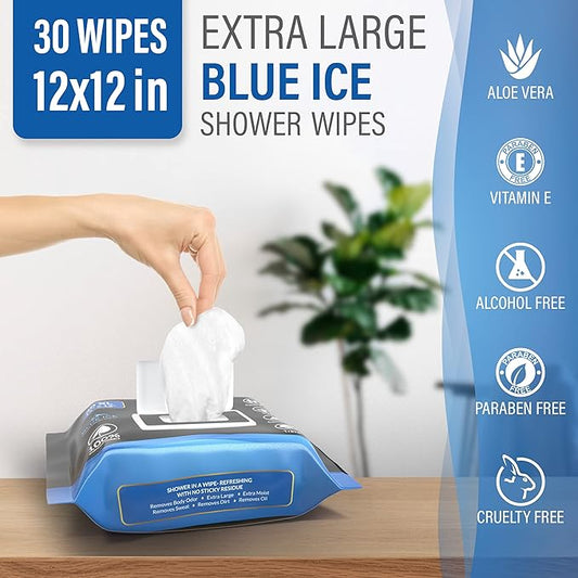 XXL Body Wipes for Face and Body, Deodorizing Men's Shower Wipes for Camping, Travel, and After Workout, 12x12 Blue Ice Scented 30 Pack