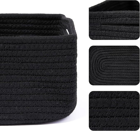 Small Storage Baskets for Organizing | Closet Organizer Bins | Shelf Toy Basket | Woven Rope Baskets | Cube Decorative Box | Shallow Basket | 13x8.5x5.1” | 3 Packs Black