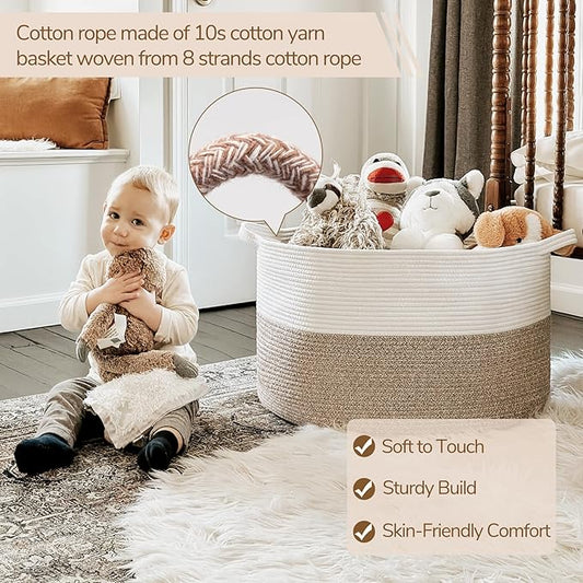 INDRESSME Large Laundry Basket, 21.7'' x 13.8'' Cotton Rope Blanket Basket Living Room Toy Baskets Storage Kids, Woven Baskets for Dirty Clothes, Pillows, Towel, 90L Light Brown