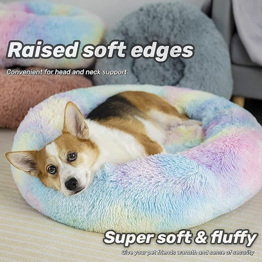 Anti Anxiety Round Fluffy Plush Faux Fur Warm Washable Dog Bed & Cat Bed, Original Bed for Small Medium Large Pets,Used to Relieve Joints and Improve Sleep(20"/24"/27'') (20", Rainbow)