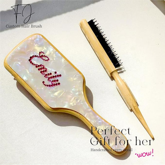 Personalized Rhinestone Hair Brush with Name - Custom Bling Hairbrush for Women & Girls, Handmade Marble Bamboo Wood Brush for Scalp Massage, Detangling, Gifts(Shell White)