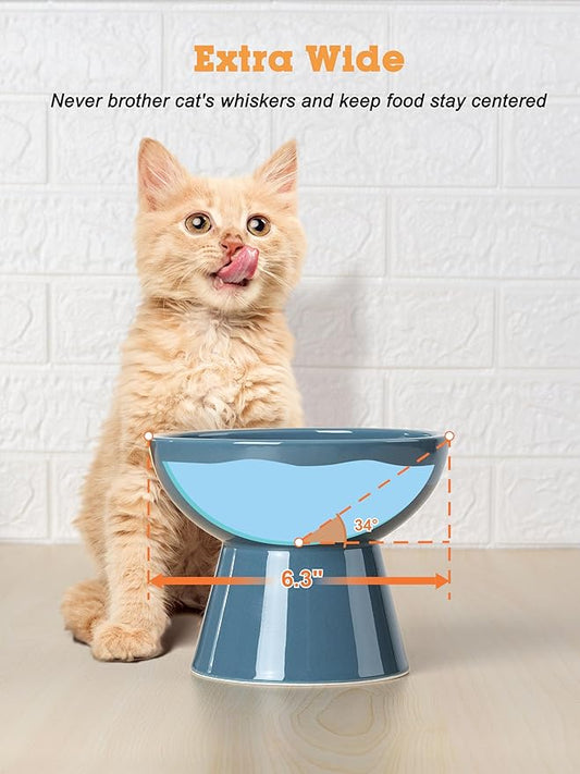 LoeJan Elevated Cat Food and Water Bowls Set, Extra Wide and Raised Ceramic Feeder, Anti-Vomit Whisker-Free Pressure Feeding Bowl for Kittens Adult Small Dogs (Deep Blue)