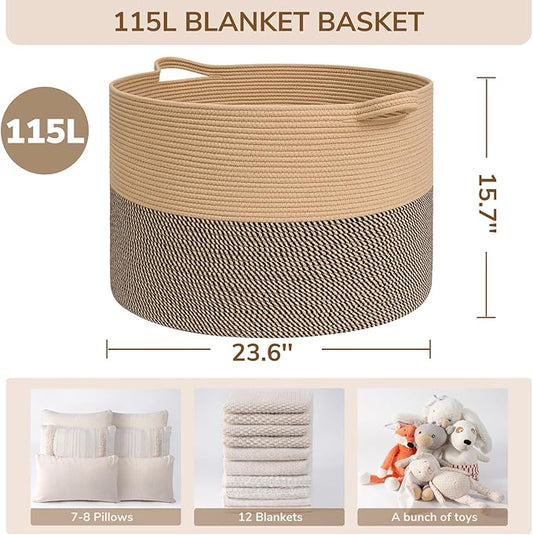 INDRESSME 115L Extra Large Blanket Basket, Woven Baskets for Storage, Wicker Storage Basket for Organizing Woven Laundry Baskets for Toy Pillow Shoe Entryway, Camel & Mix Camel