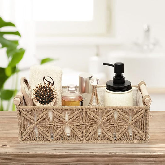 Macrame Storage Basket Boho Decor Baskets for Organizing Woven Decorative Basket for Countertop Toilet Paper Basket for Toilet Tank Top Shelf Basket with Handle for Bathroom Decor Nursery (Set of 2)